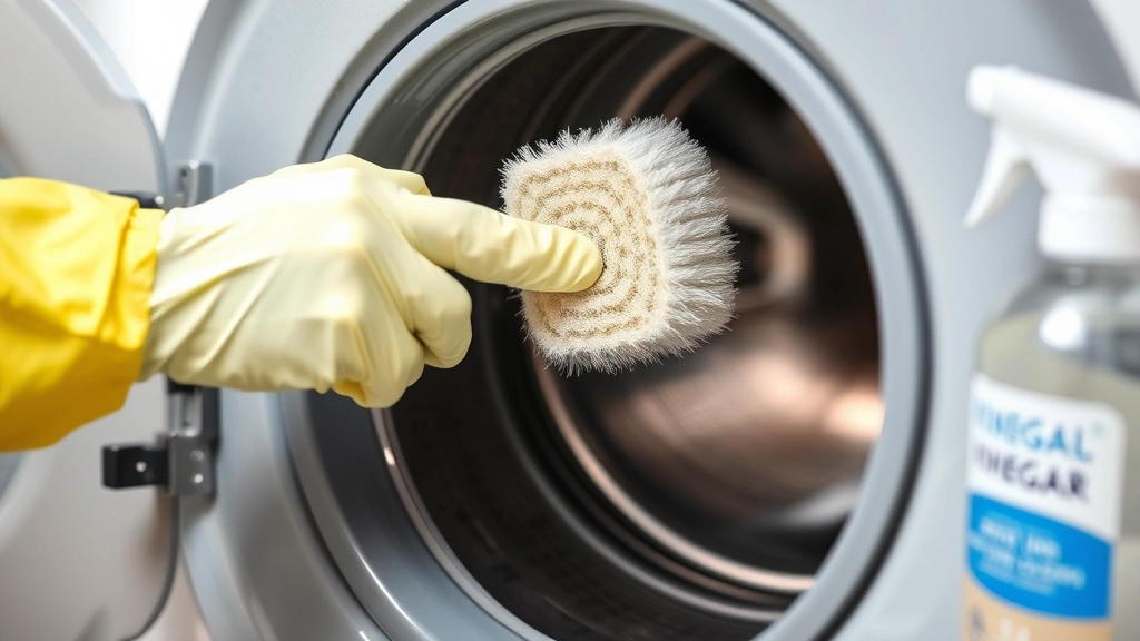 Hands wearing rubber gloves scrubbing the rubber gasket of a washing machine with a soft brush, with a spray bottle of vinegar solution visible in background